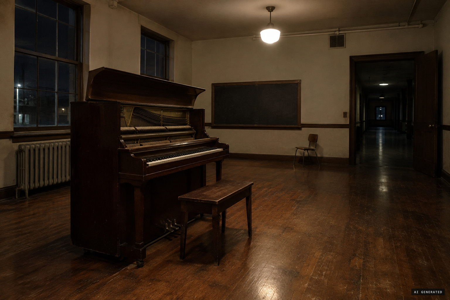 Piano music and lights in empty rooms before the building came down in 1973