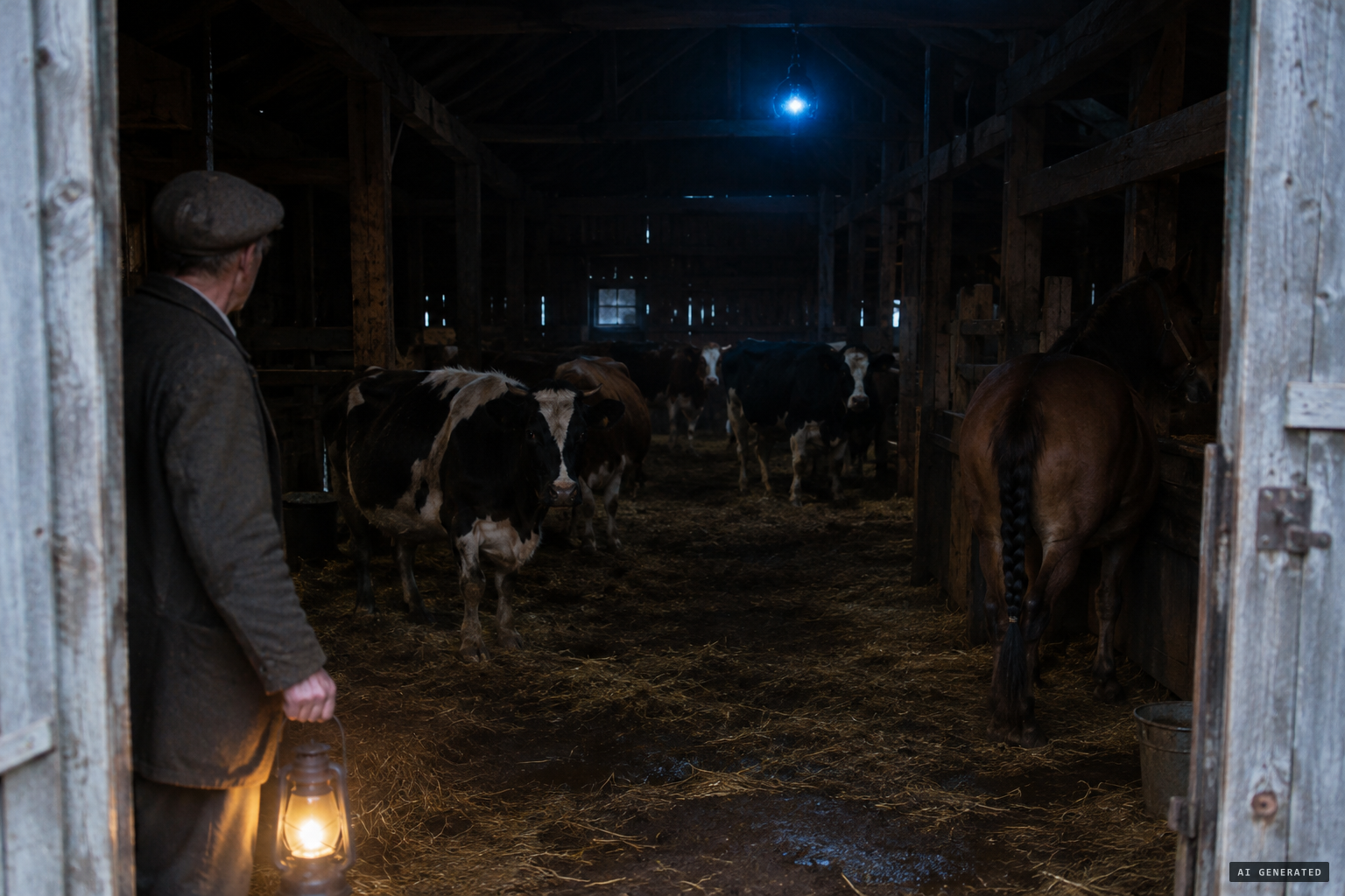 Cows loose, horses' tails braided, and a blue glowing light in the barn