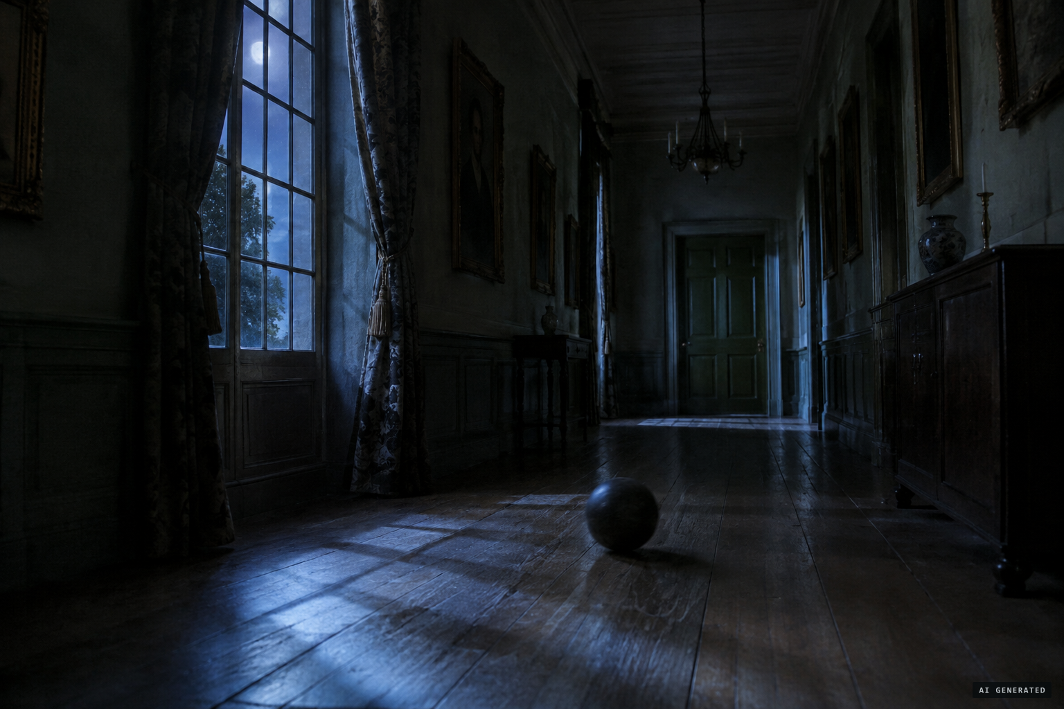 A heavy ball rolls along the corridor and strikes the door of the green room