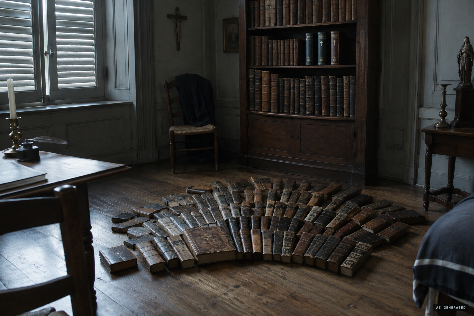 The abbé's books scattered in a fan, only three books of Scripture spared
