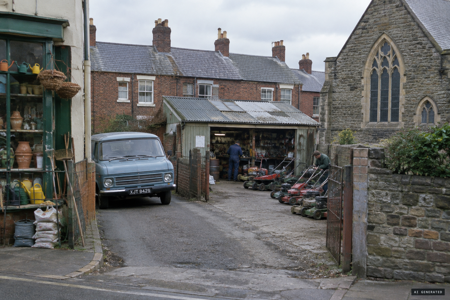 Mower Services, the workshop and yard behind Crwys Road, beside the Baptist chapel