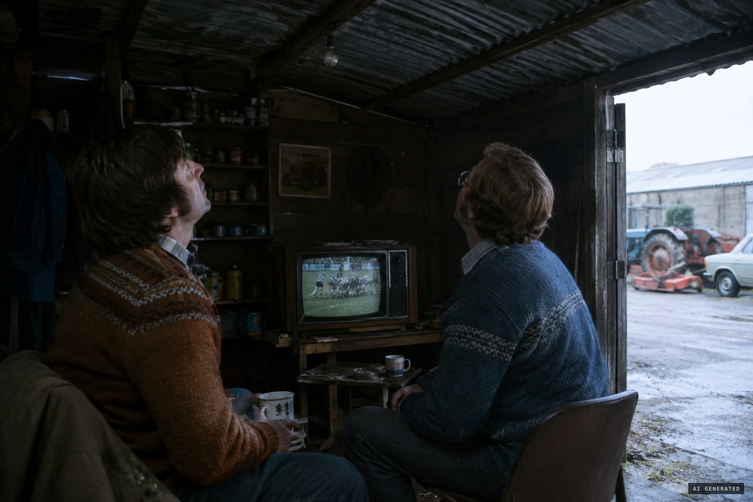 Watching the rugby in the shed, they hear stones landing on the roof