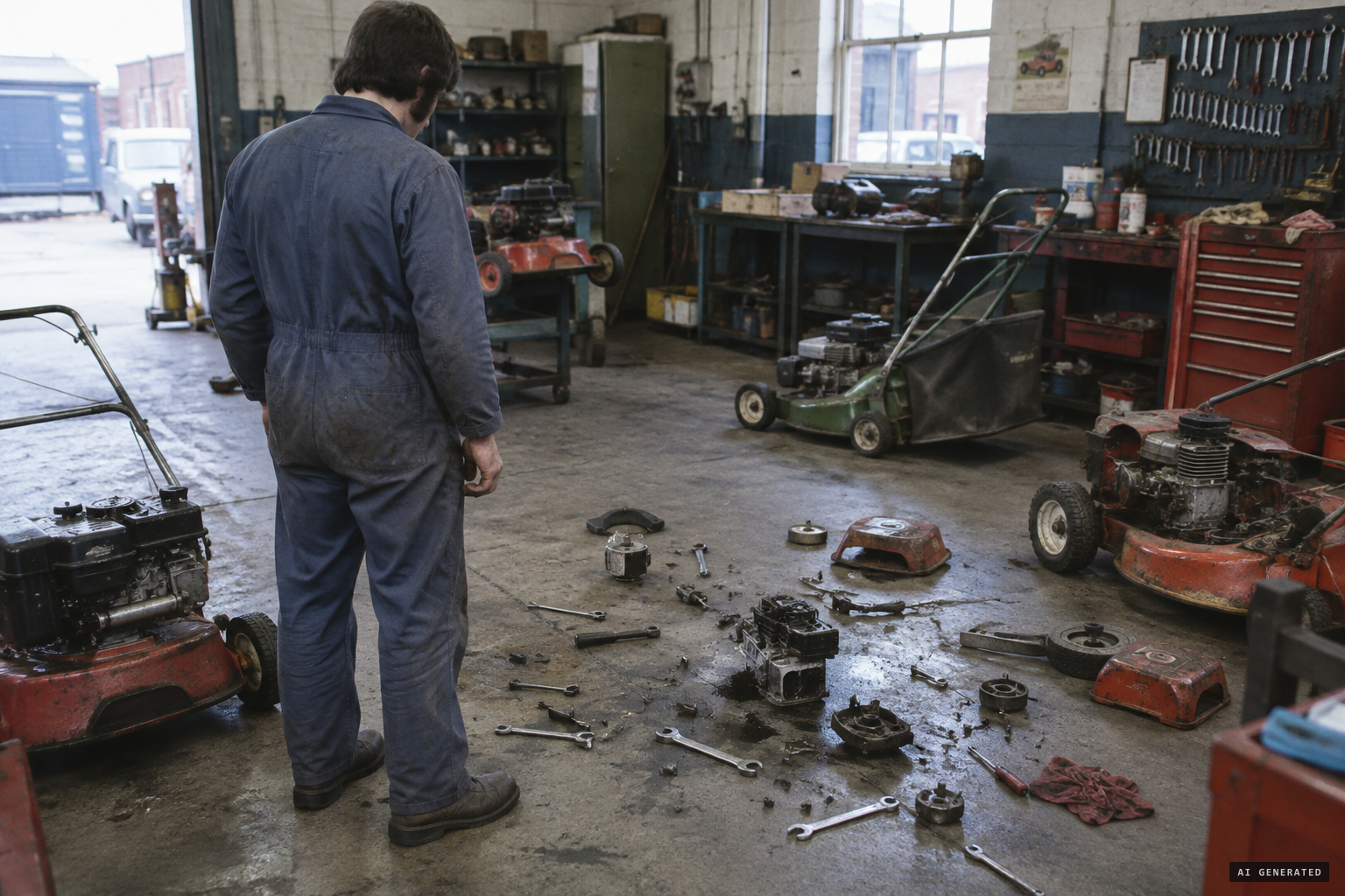 Tools, bolts and engine parts turn up on the workshop floor