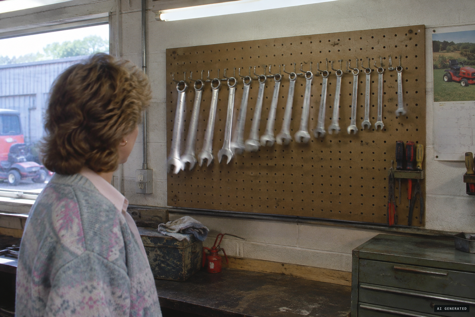 Pat watches the whole row of spanners swinging back and forth