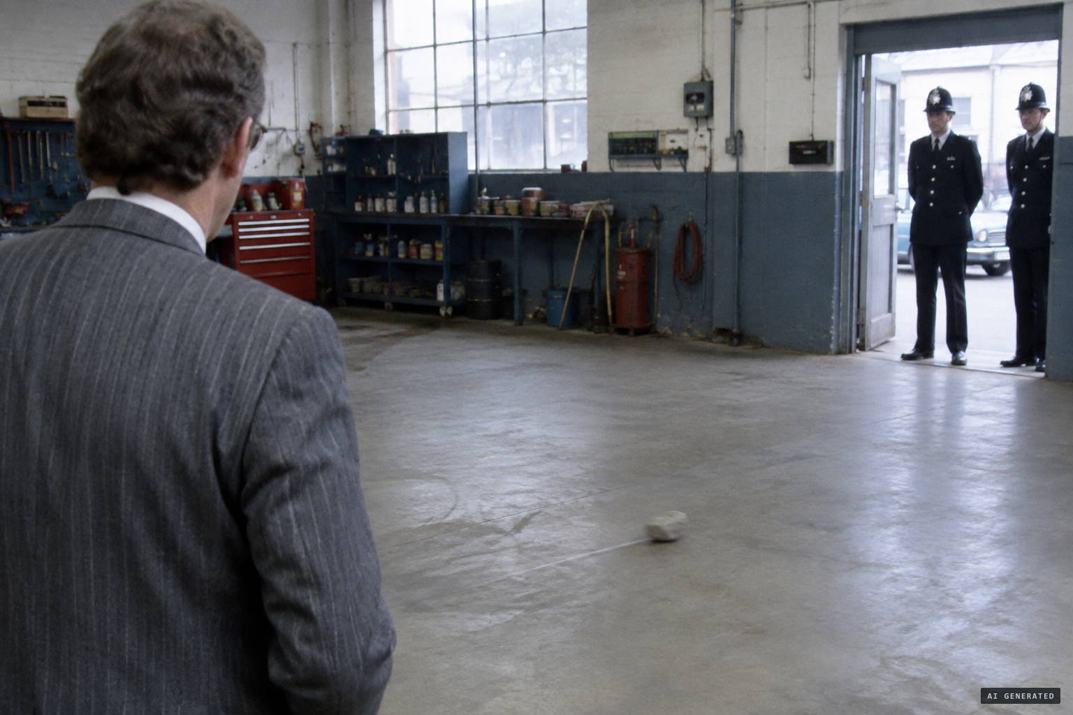 An insurance man sees a stone whizzing around the empty floor