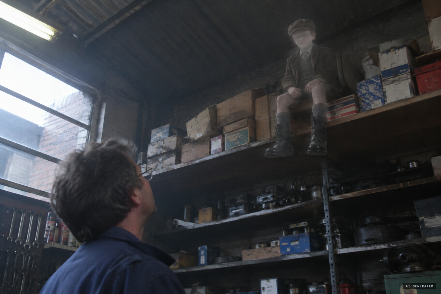 Fred sees the outline of a 1940s schoolboy up on the shelf