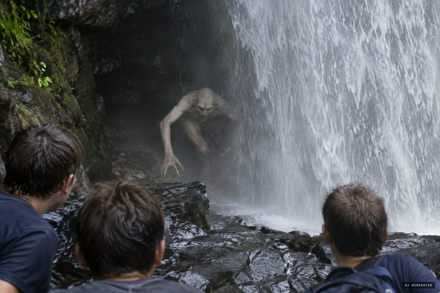 A creature comes out of the cave behind the waterfall
