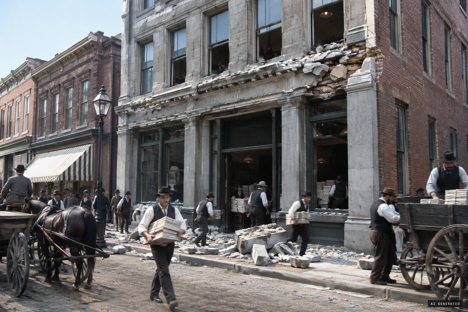 The News and Courier office at 19 Broad Street, its granite entablature destroyed