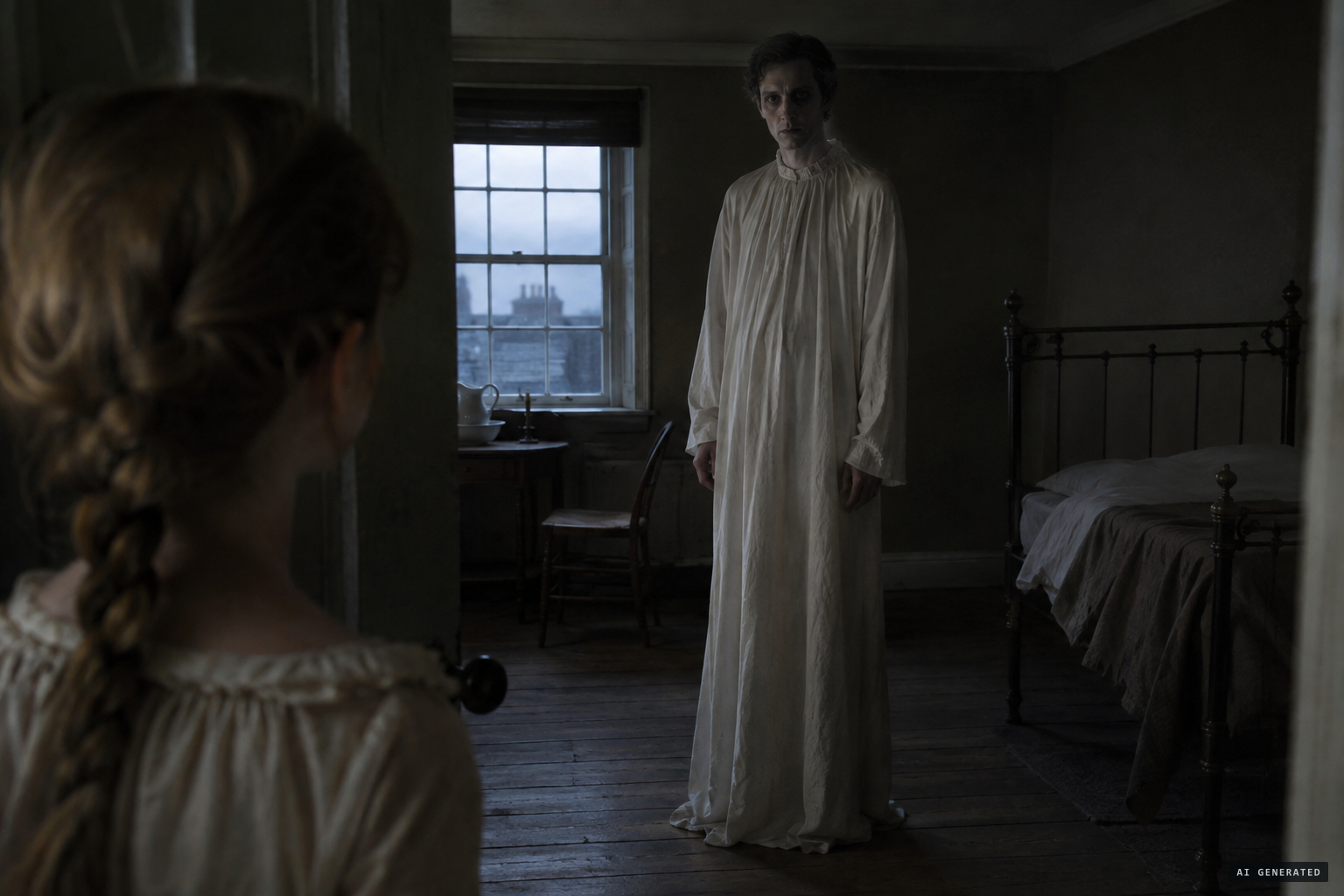 Emma Ward opens her bedroom door to a deathly figure in a long white garment
