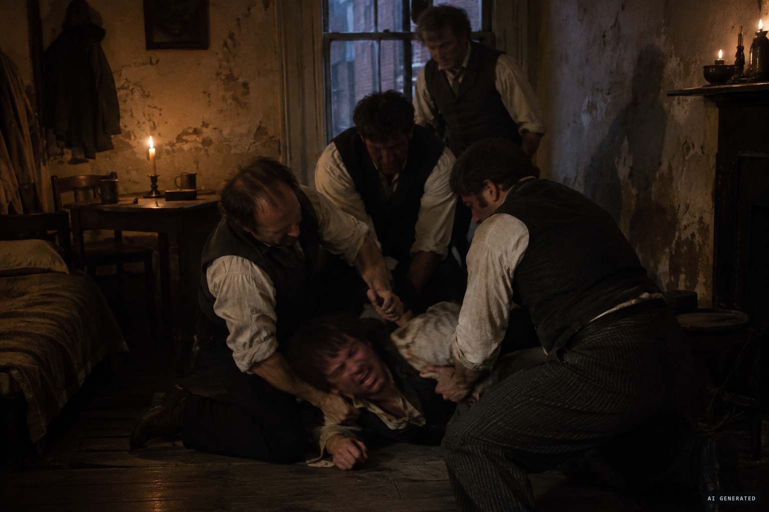 James Ward falls into a fit and several men are needed to hold him