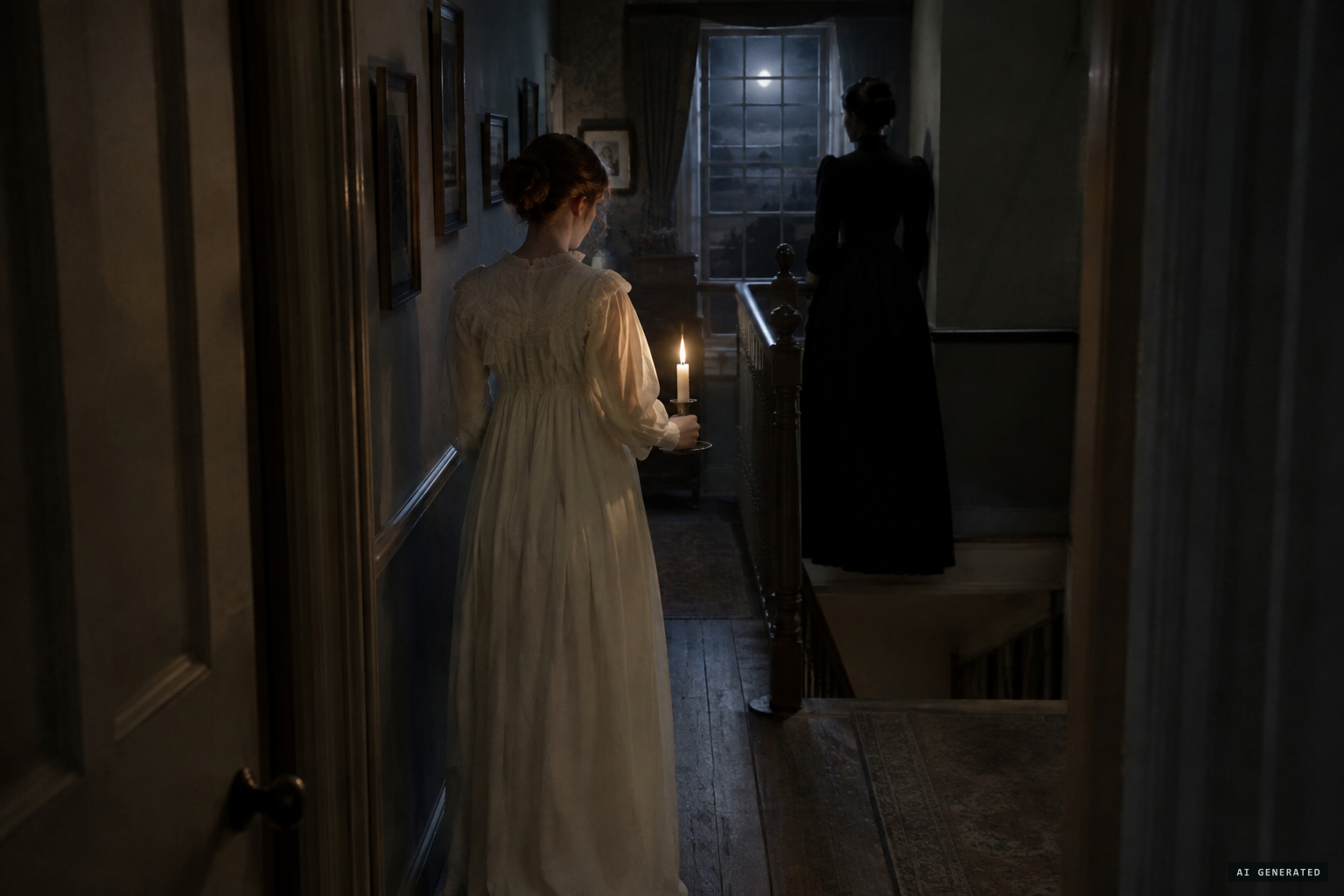 Rosina Despard sees a tall lady in black at the head of the stairs