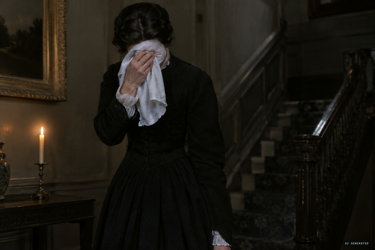Widow's weeds, widow's cuffs, and a handkerchief hiding her face