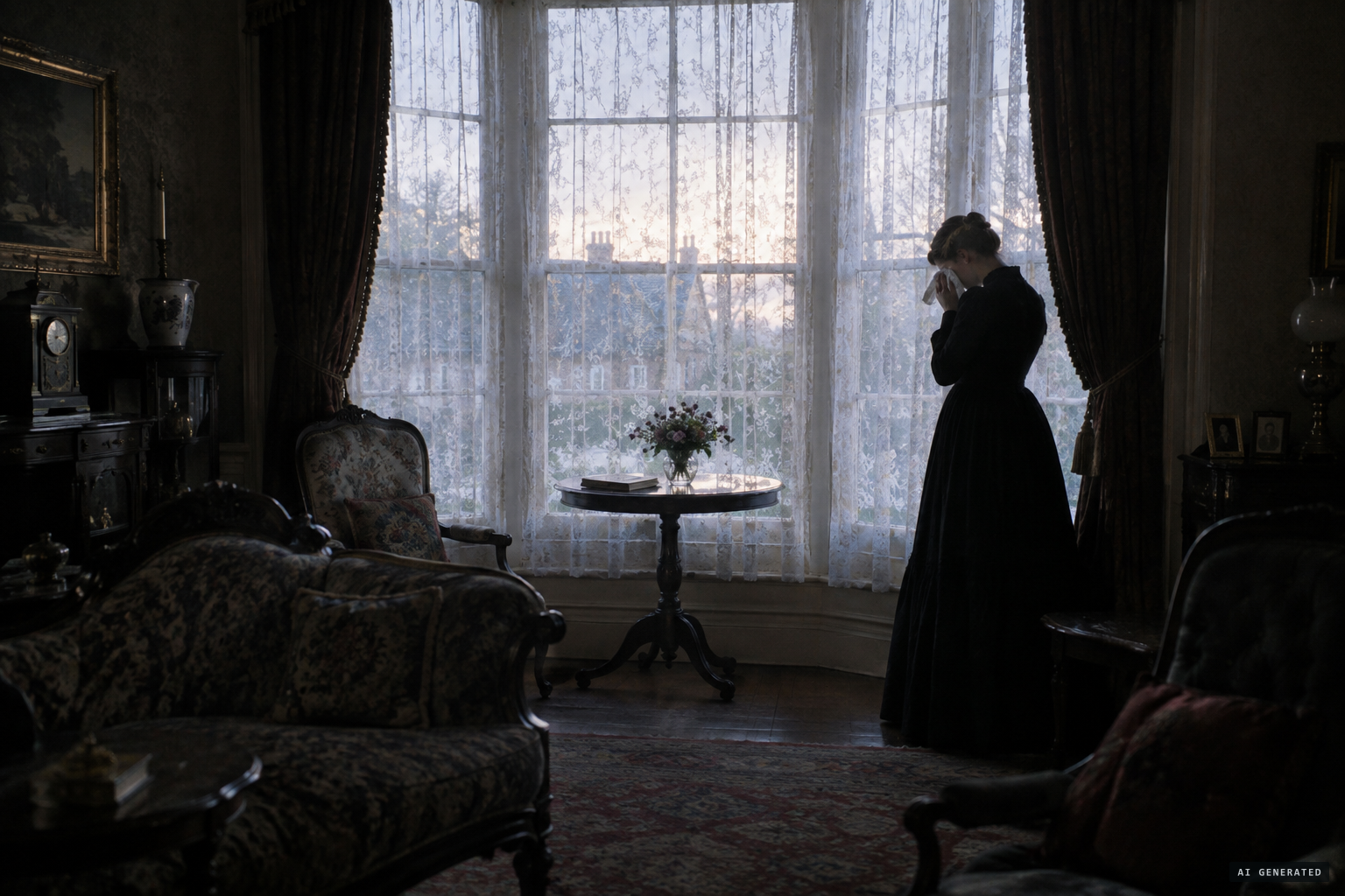 She stands to the right of the drawing-room bow window