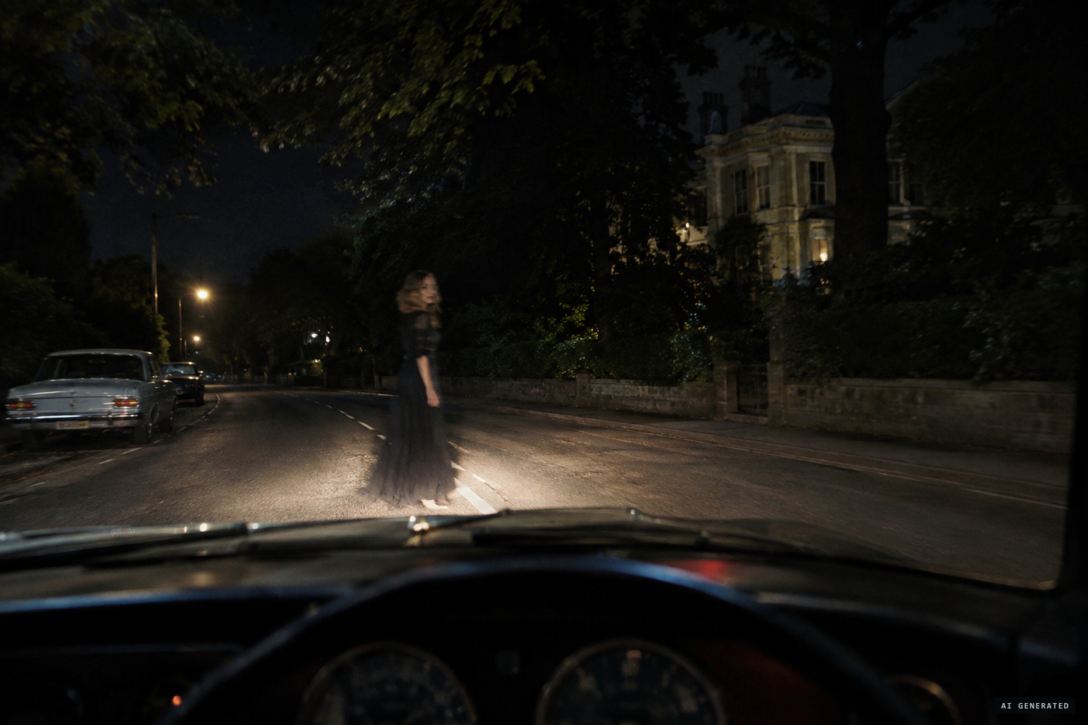 1970: a woman in a long black dress steps into the road and vanishes