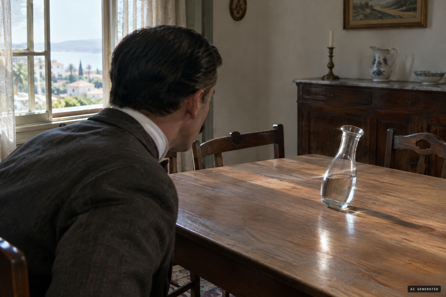M. Fournier watches the full water carafe move across the table by itself.