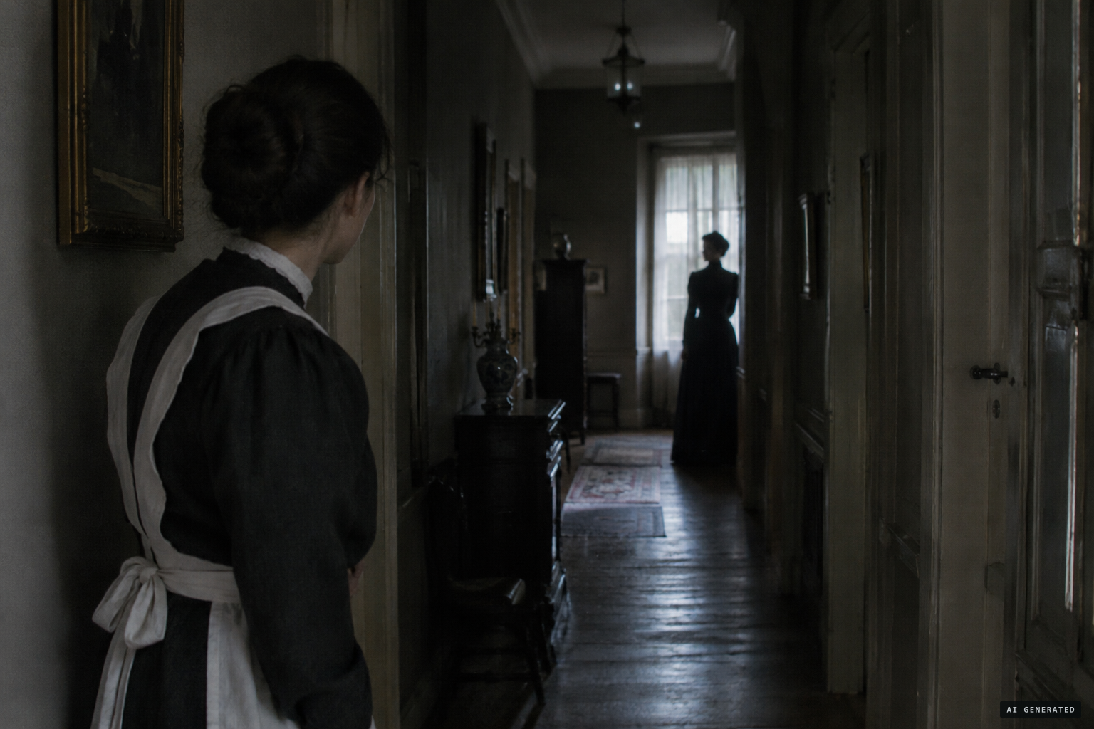 Thérèse alone sees a woman dressed in black.