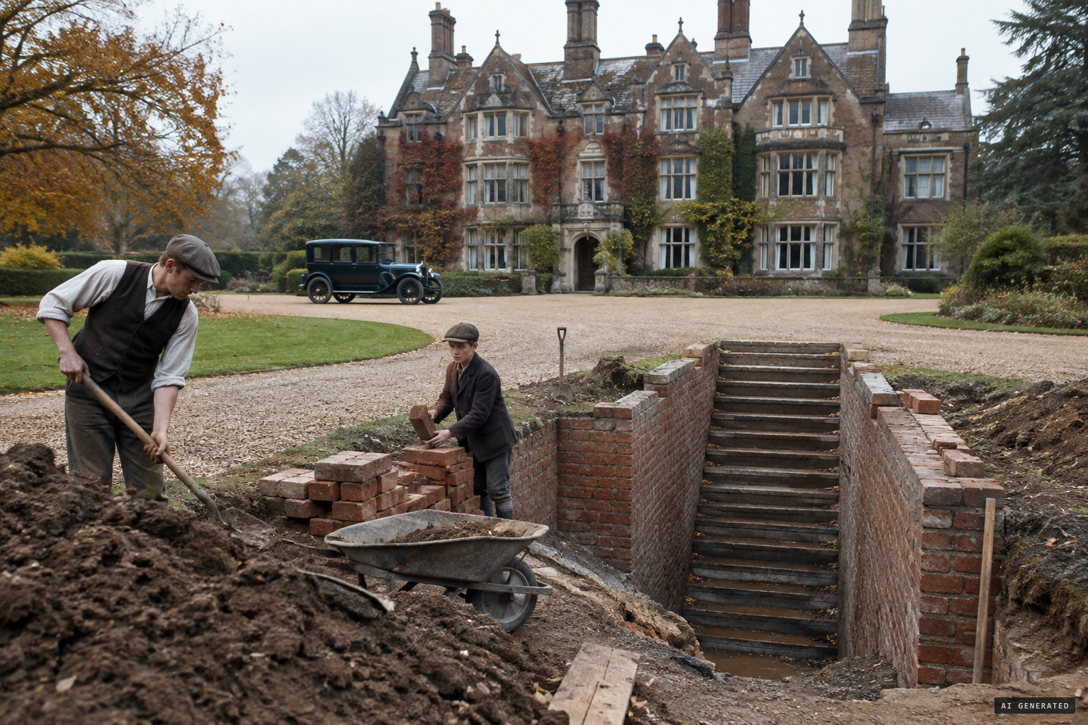 Builder Frederick Rolfe and his boy assistant dig the air-raid shelter at Enbrook Manor