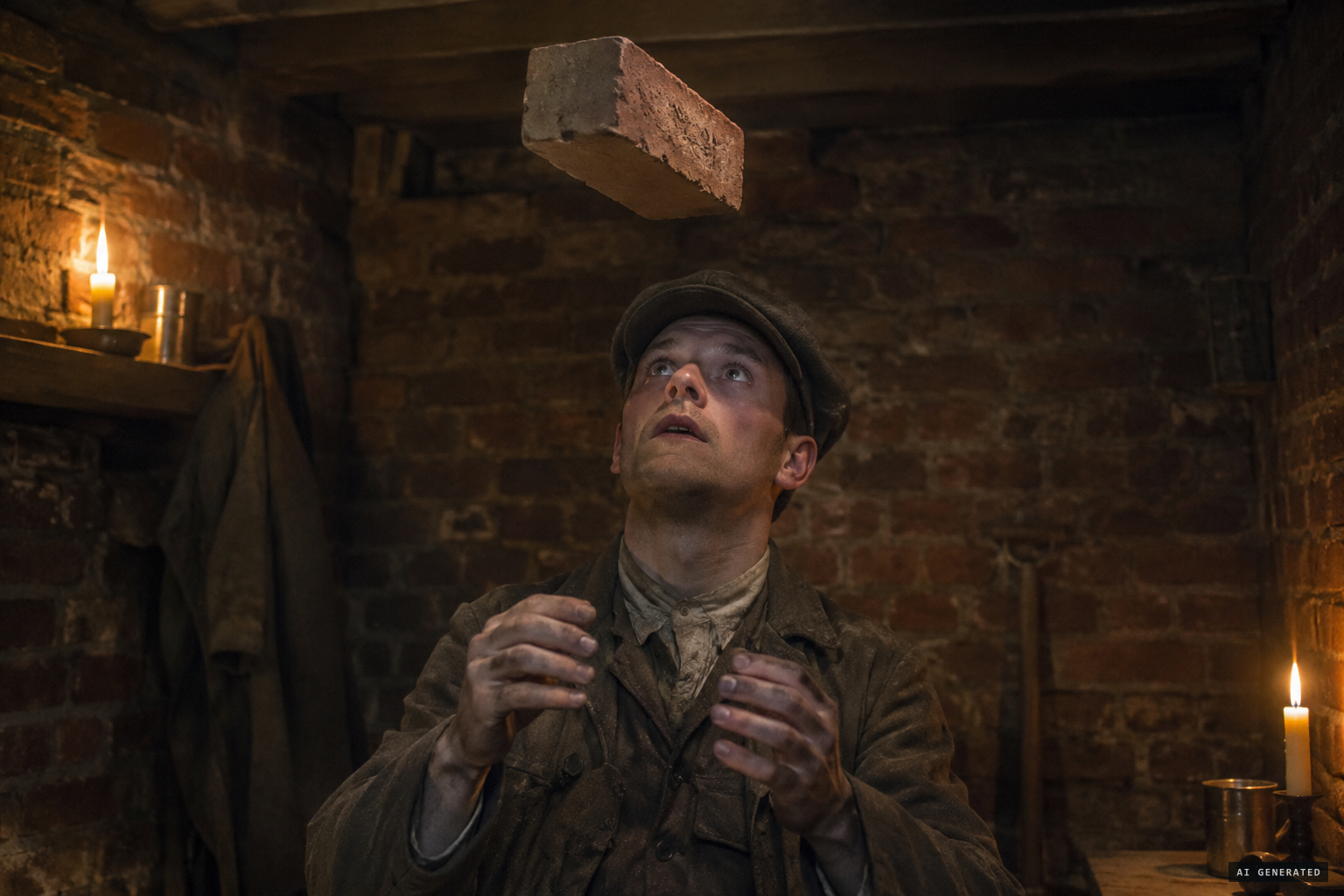 A brick hovers above Rolfe's head and settles gently