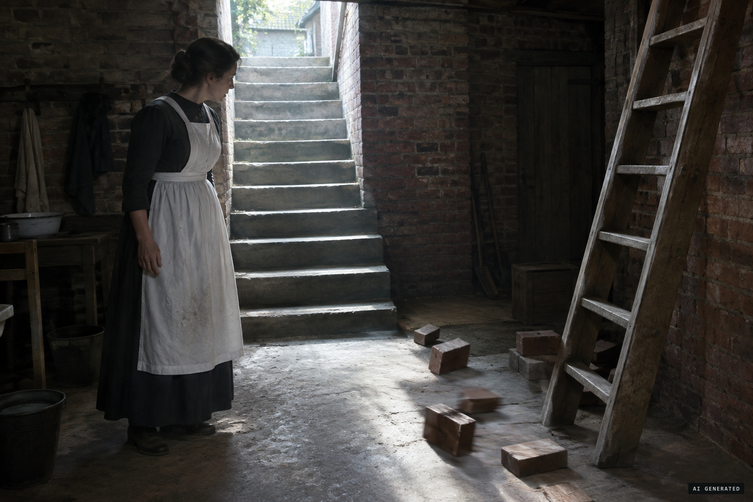 The cook watches bricks move toward a ladder on their own