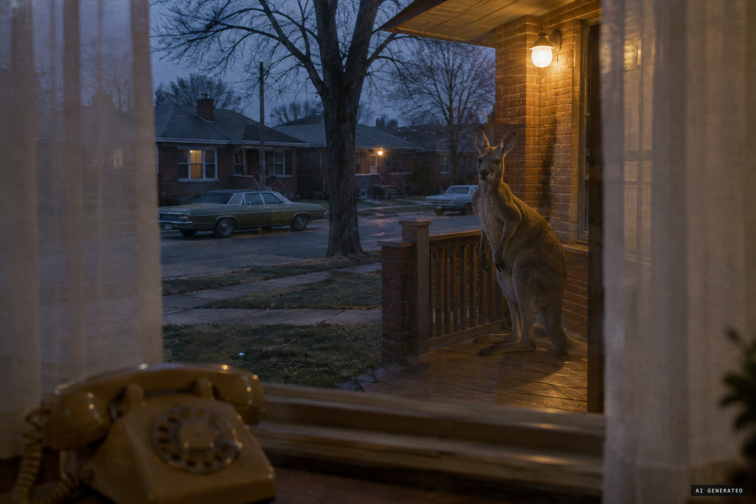 A resident spots a kangaroo standing on his porch before dawn