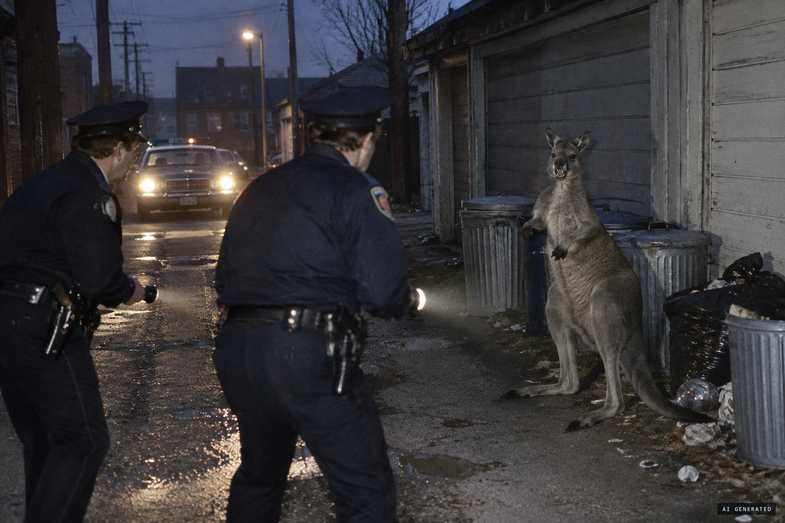 Patrolmen Byrne and Ciagi corner a growling grey kangaroo in a dark alley