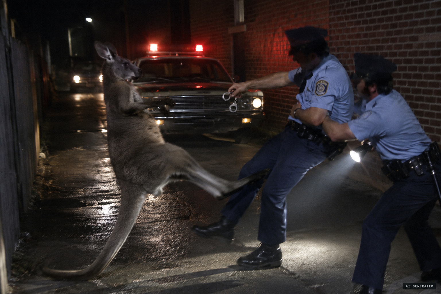 The kangaroo kicks the officers in the shins as they try to handcuff it