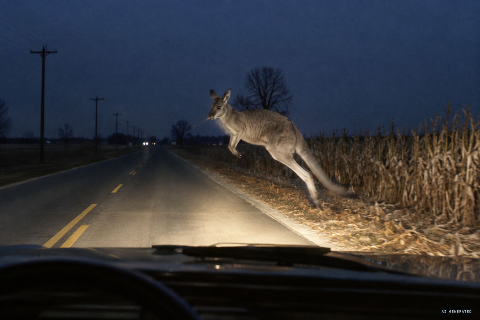 Near Plano, the animal jumps eight feet from a field into the road