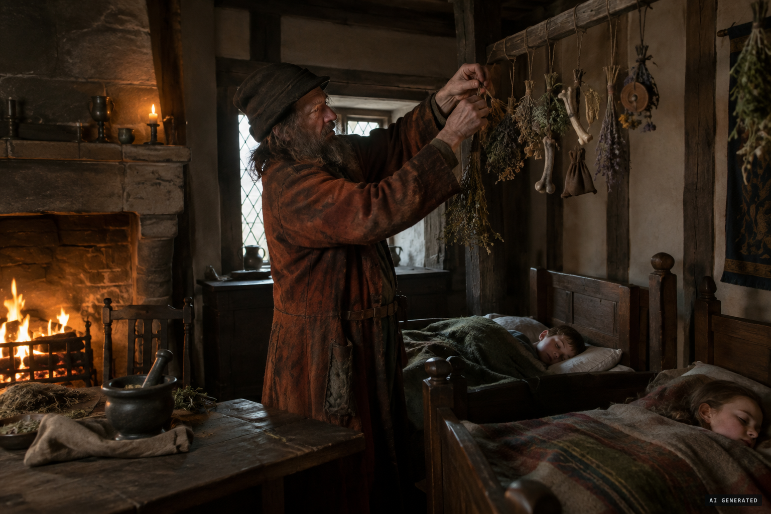 Edmund Hartley, cunning man, treats the children with charms and herbs