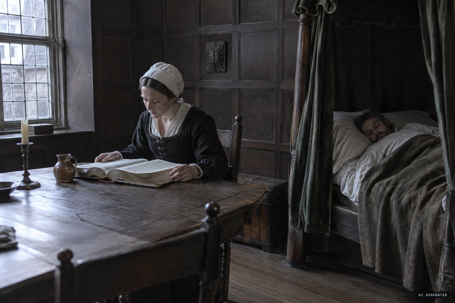 Coltheart's wife reads the Bible while he sleeps