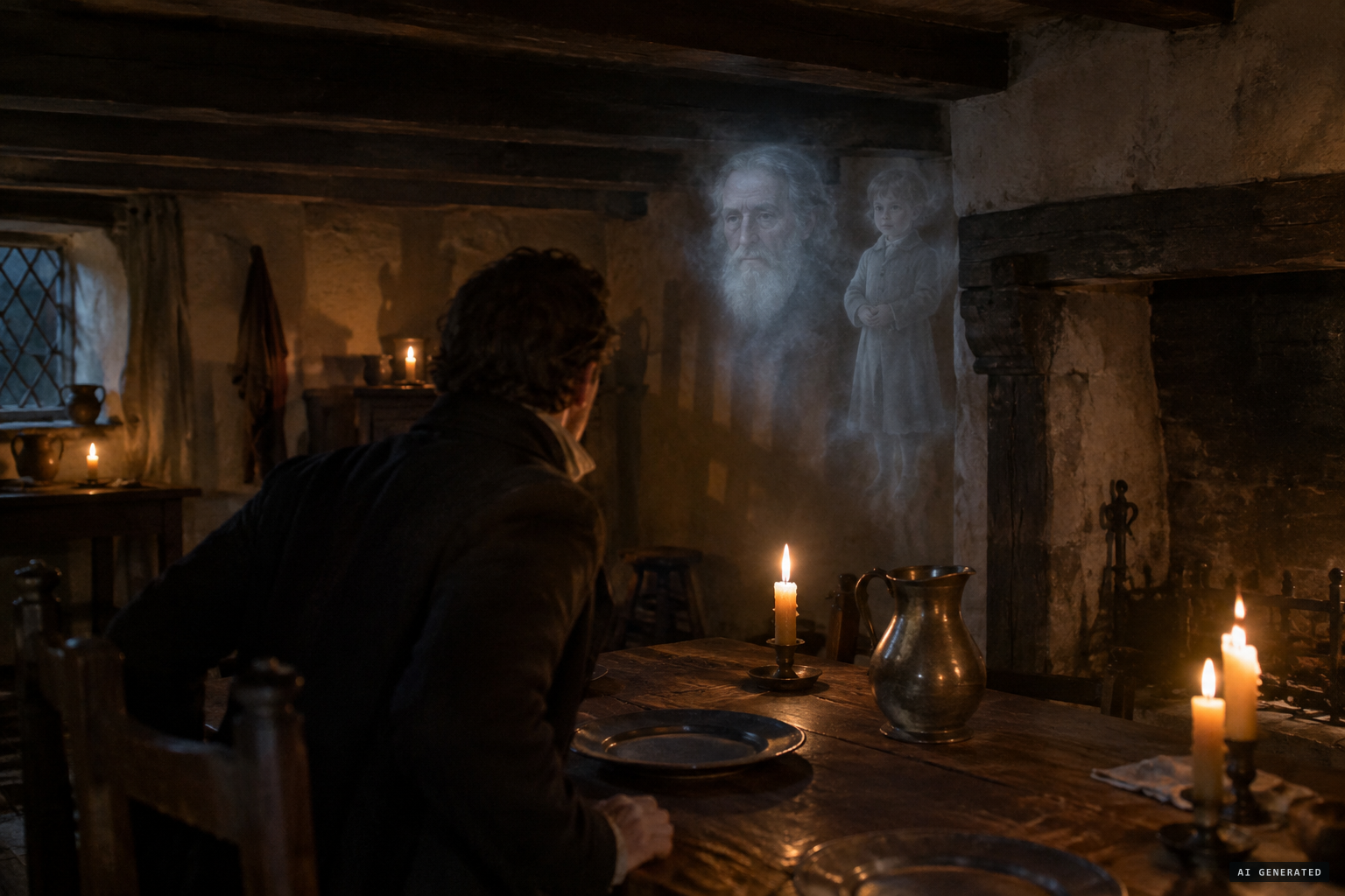 The old man's head returns, with a young child in a coat hanging beside it