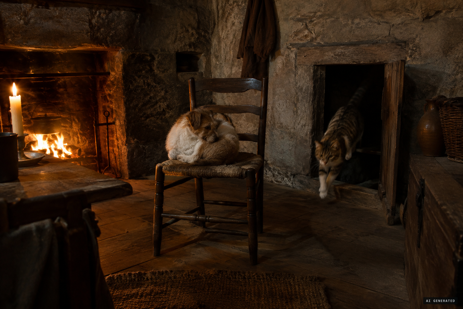A little dog curls up on the chair and a cat leaps out after it