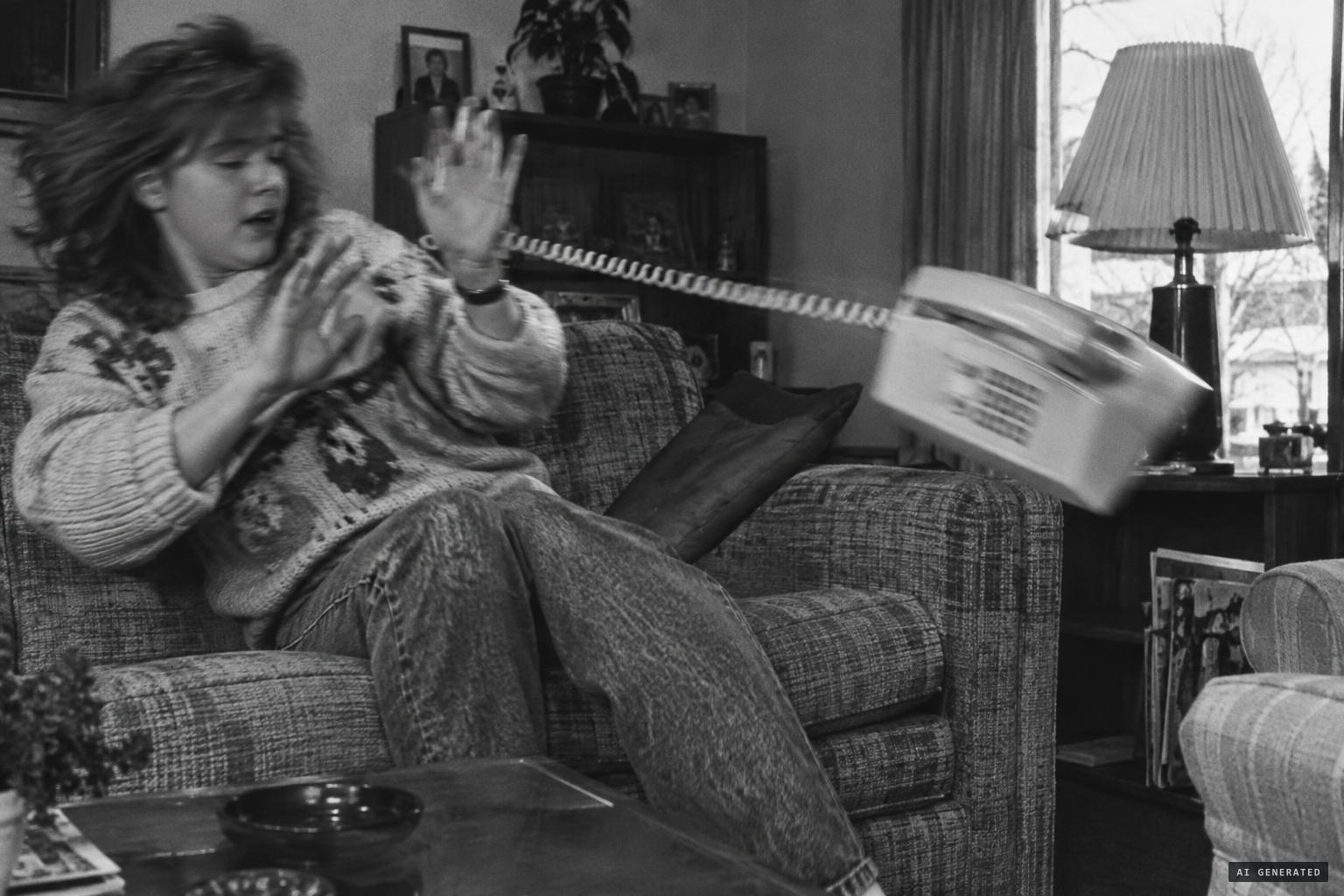 The telephone leaps across Tina's lap, its cord taut