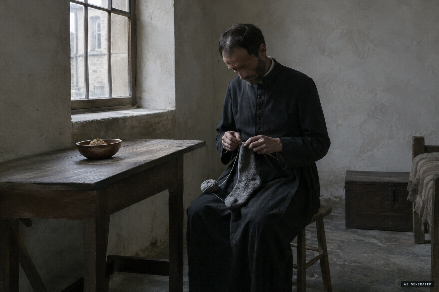 The deacon François de Pâris, living in poverty and knitting stockings for the poor