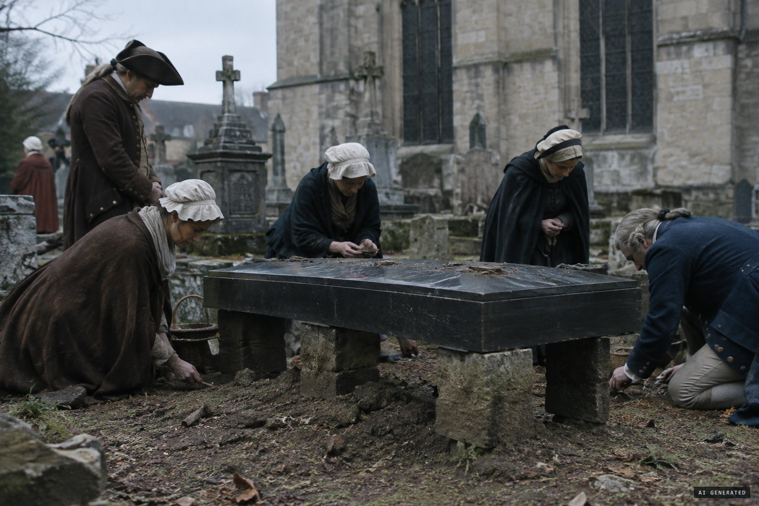 Mourners carry off soil and relics from the new tomb under its black marble slab