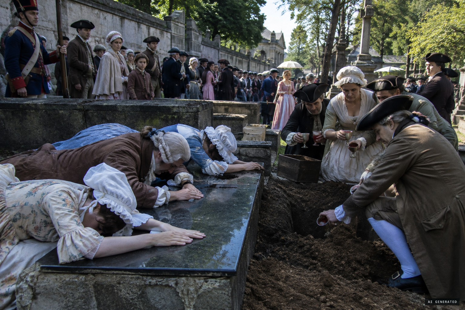 Pilgrims lie on the slab and take earth from the grave