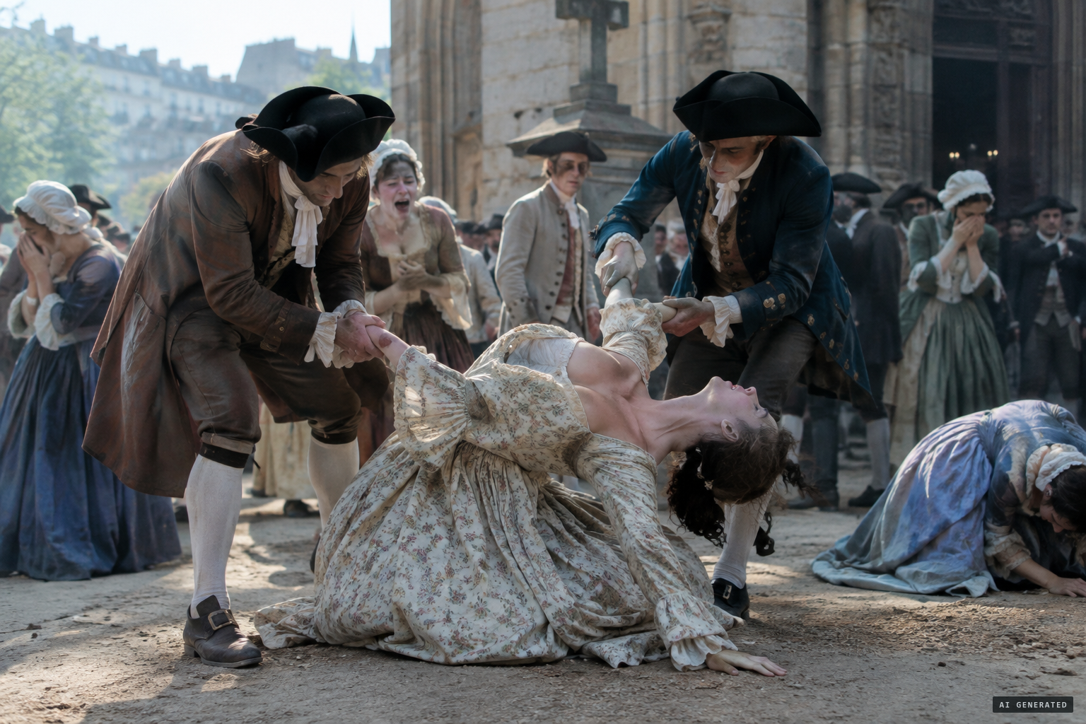 Convulsions seize pilgrims after touching the tomb, helpers pulling the clenched limbs