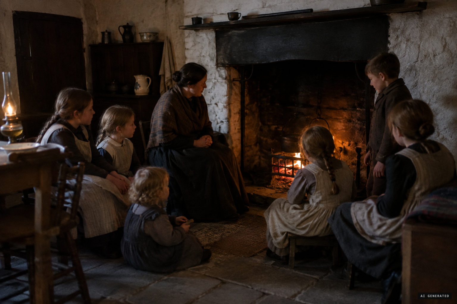 Bridget Murphy, widowed, with her son and six daughters