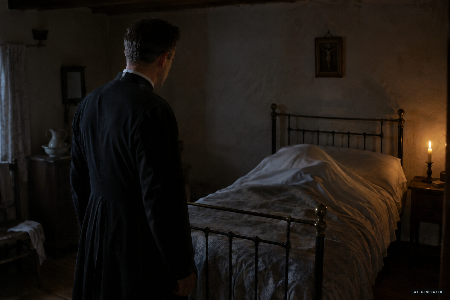 Fr Coyle watches the bedclothes breathe on an empty bed