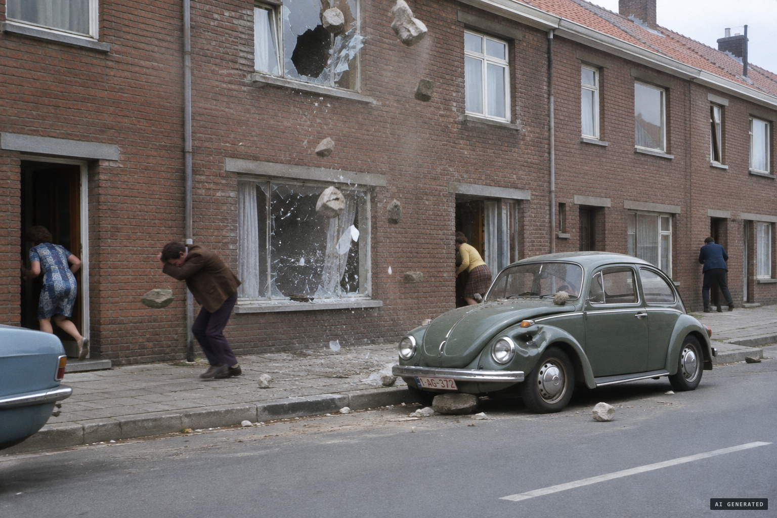 Stones fall on houses 223 to 231, breaking windows and damaging cars