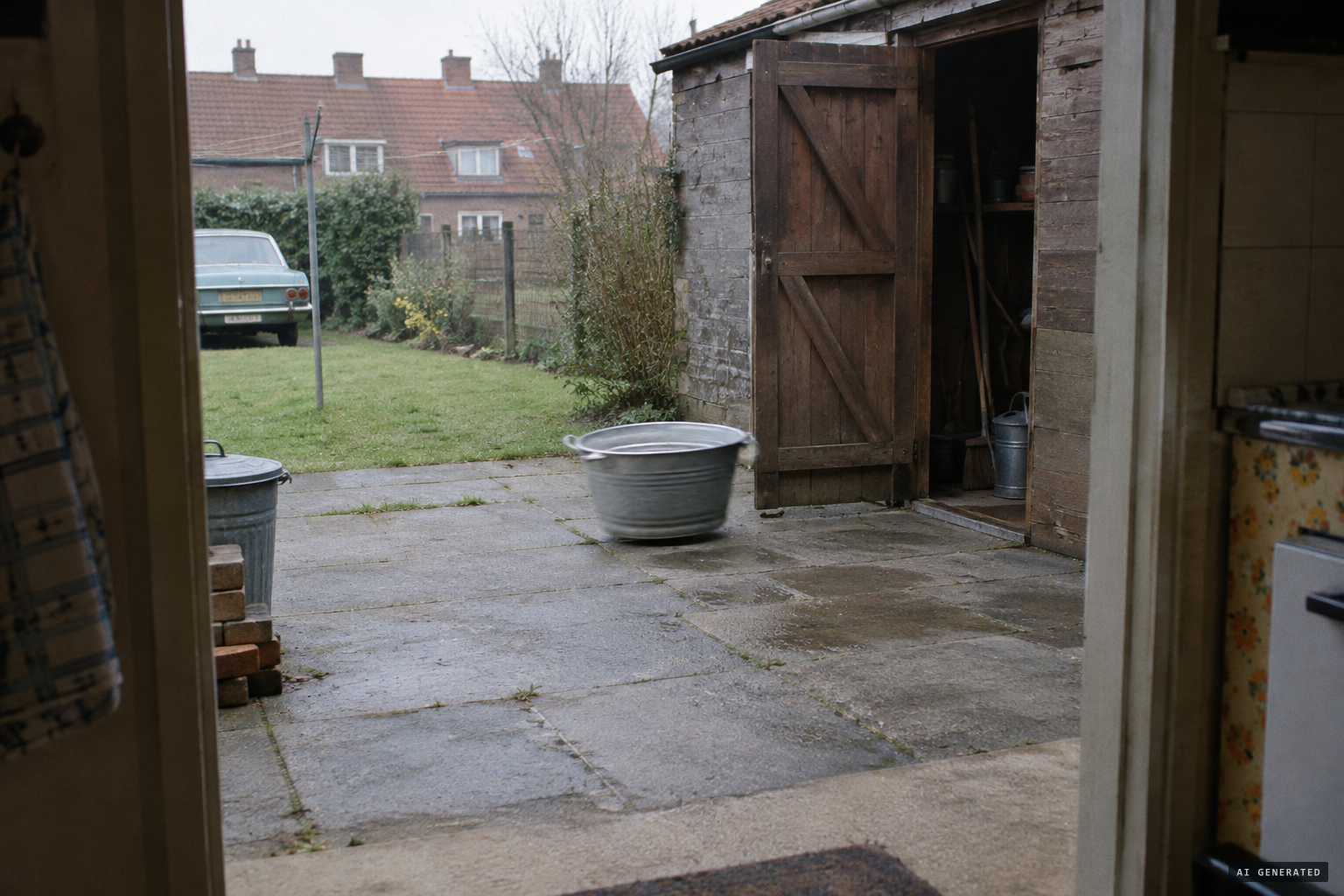 The washtub goes into the shed by itself