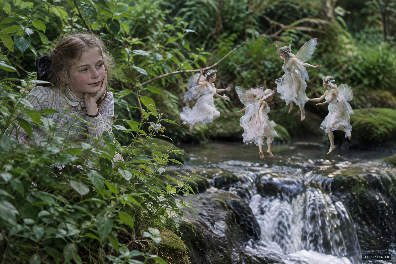 Frances behind the bush with four dancing winged figures
