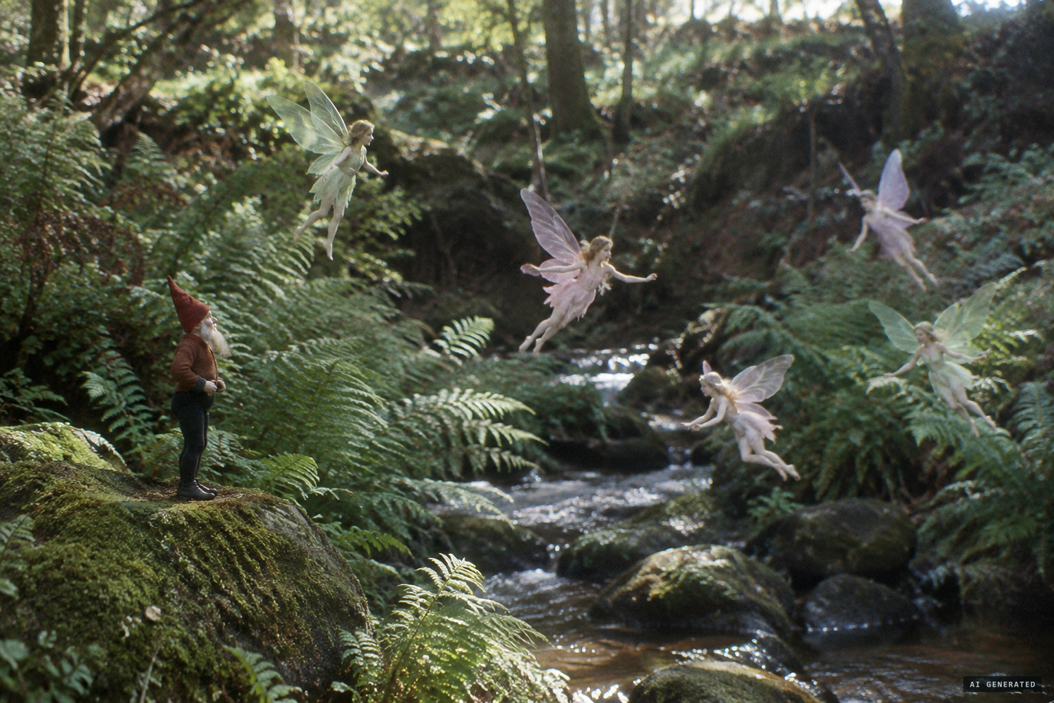Fairies in pale green, pink and mauve, and the gnome in his red pointed cap
