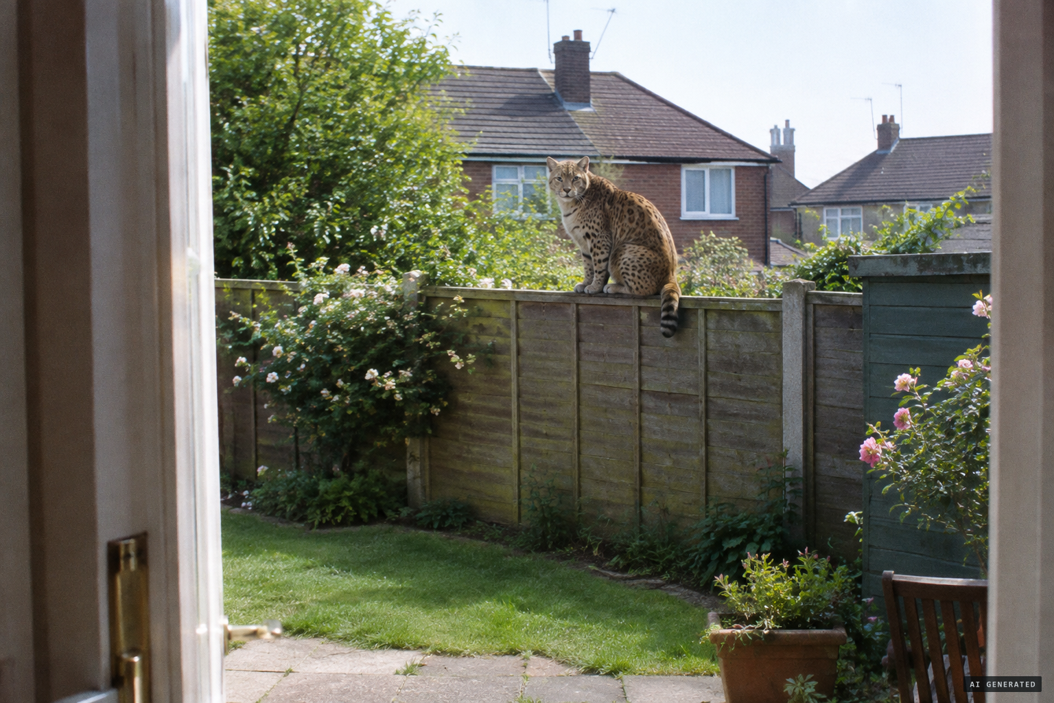 The big spotted cat, the size of an Alsatian, four feet away