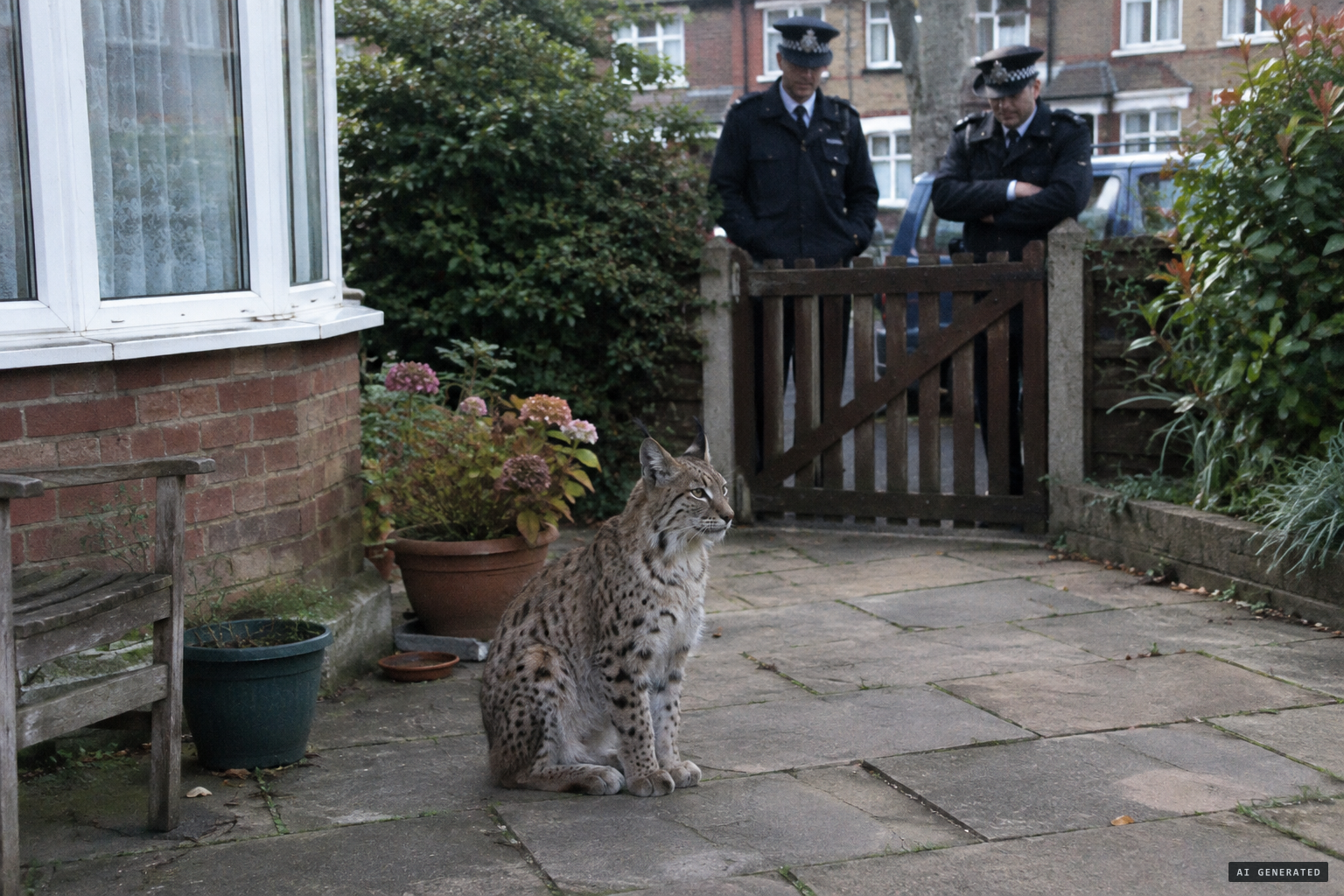 Two constables find the cat calmly sitting on the patio