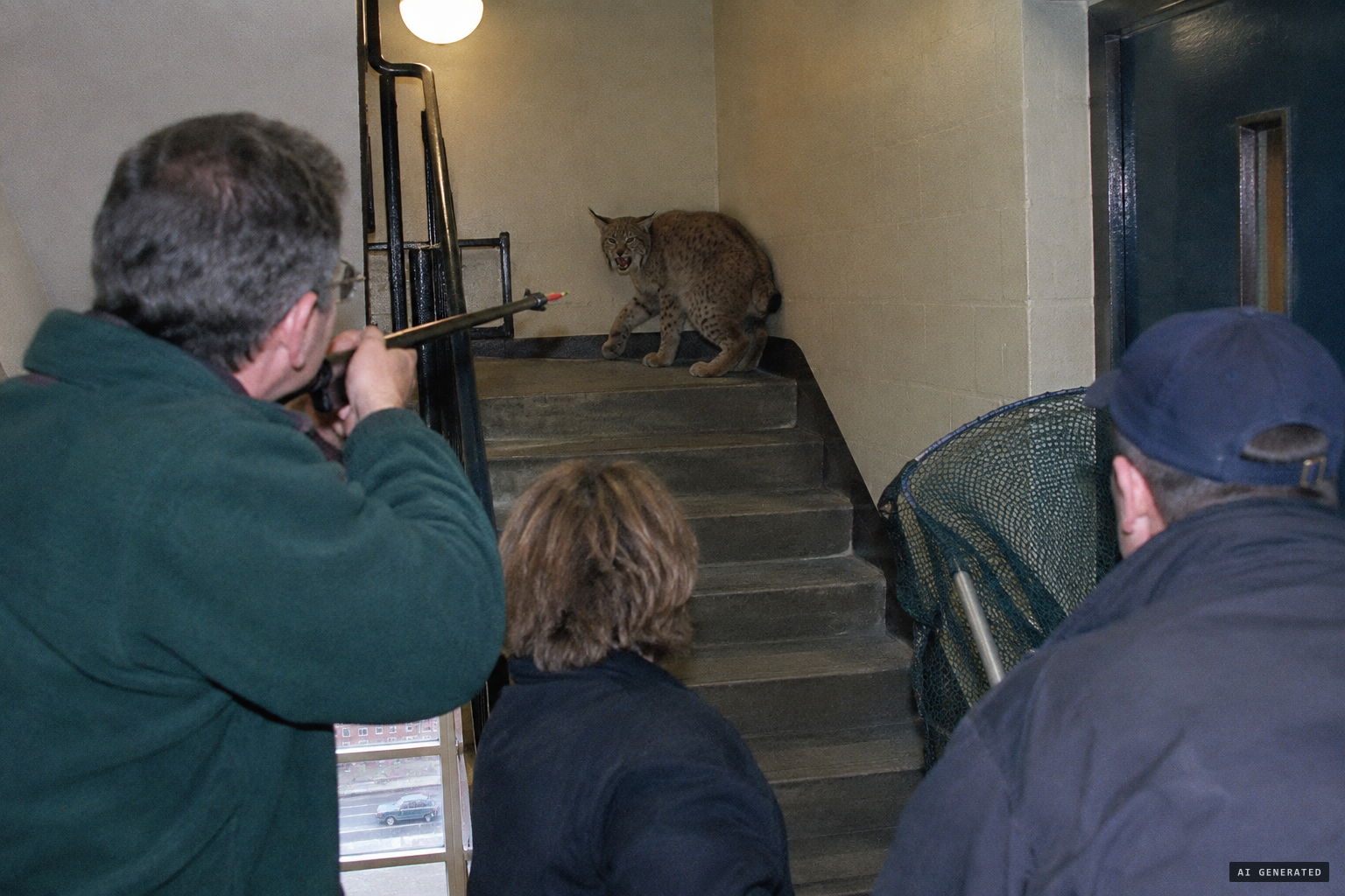 Cornered in a stairwell, the cat is darted and netted