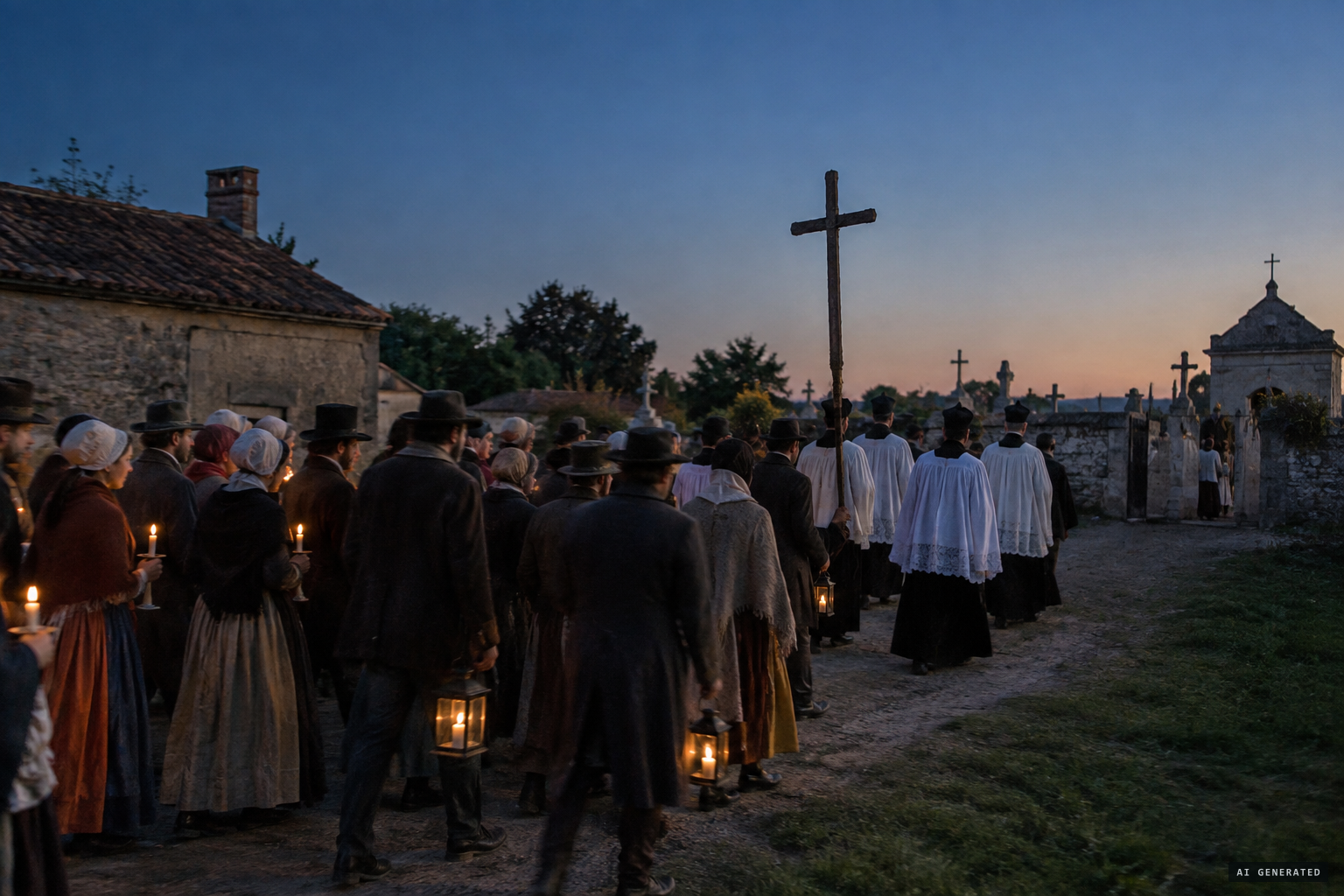 After Vespers, the crowd gathers to plant the mission cross as the sky darkens