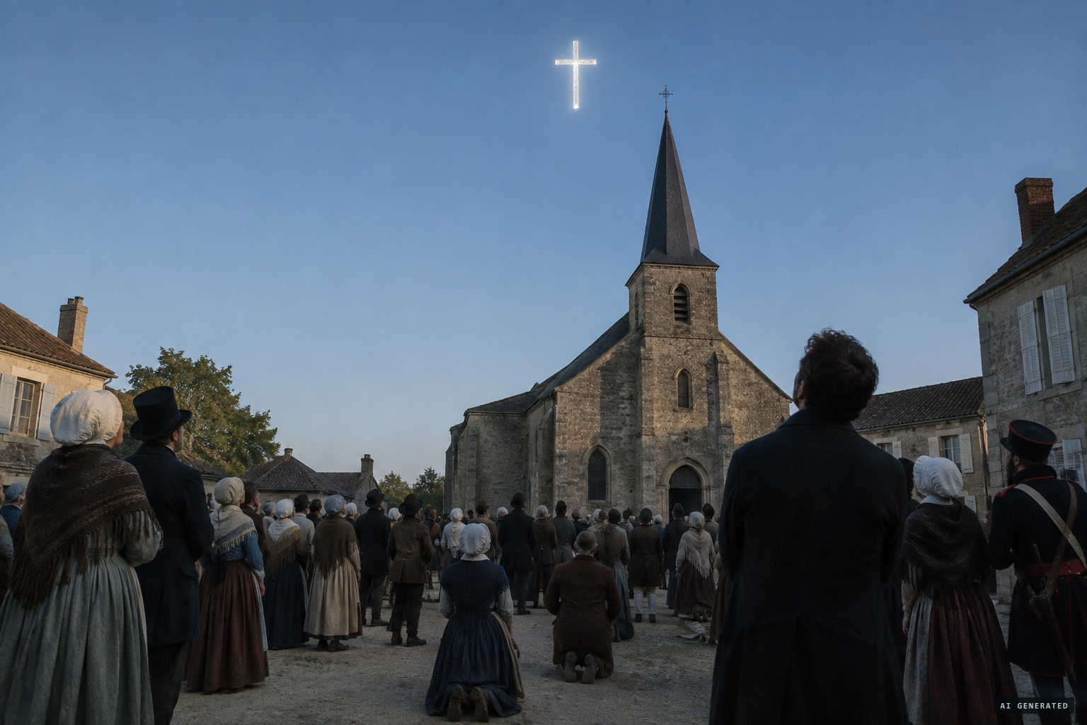 A luminous silver cross appears, lying horizontally above the square before the church