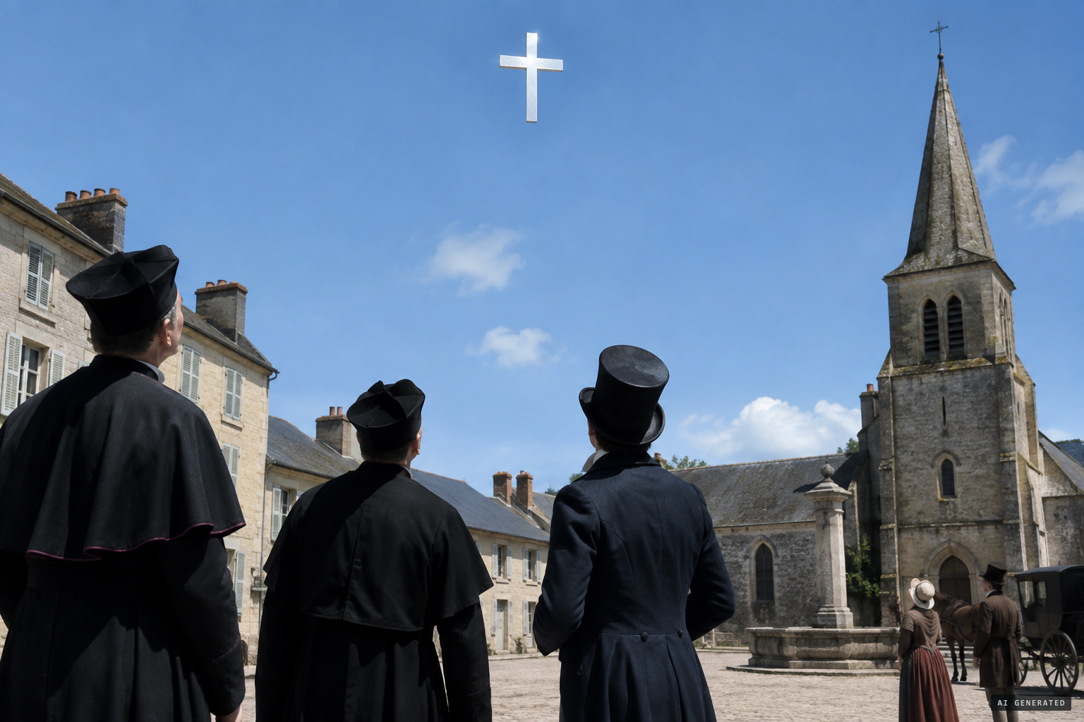 Clergy and a Prefecture counsellor study the cross, its ends squared as if sawn