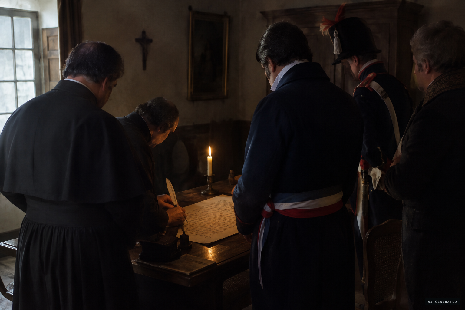 Clergy, mayor, gendarme and townsmen sign a sworn procès-verbal