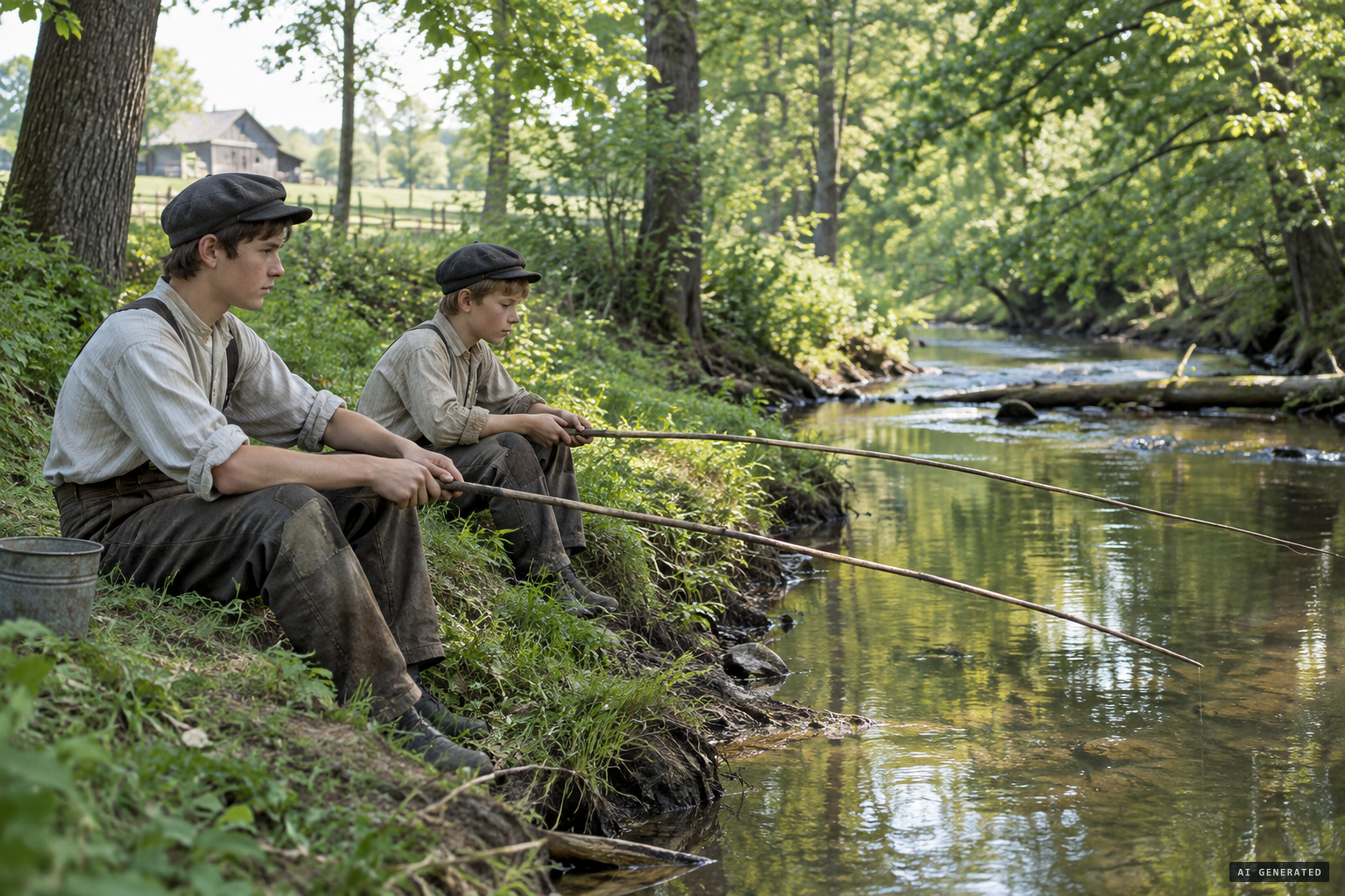 Ed and Joe Lynch fishing in the creek